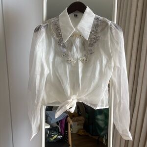 White Embellished long sleeve button down sheer Top with rhinestones 💎